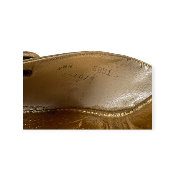 Vintage 1950s Gold Boomerang Wedge Mules– Sculptural Heel, Metallic Leather 8.5N - Picture 9 of 14